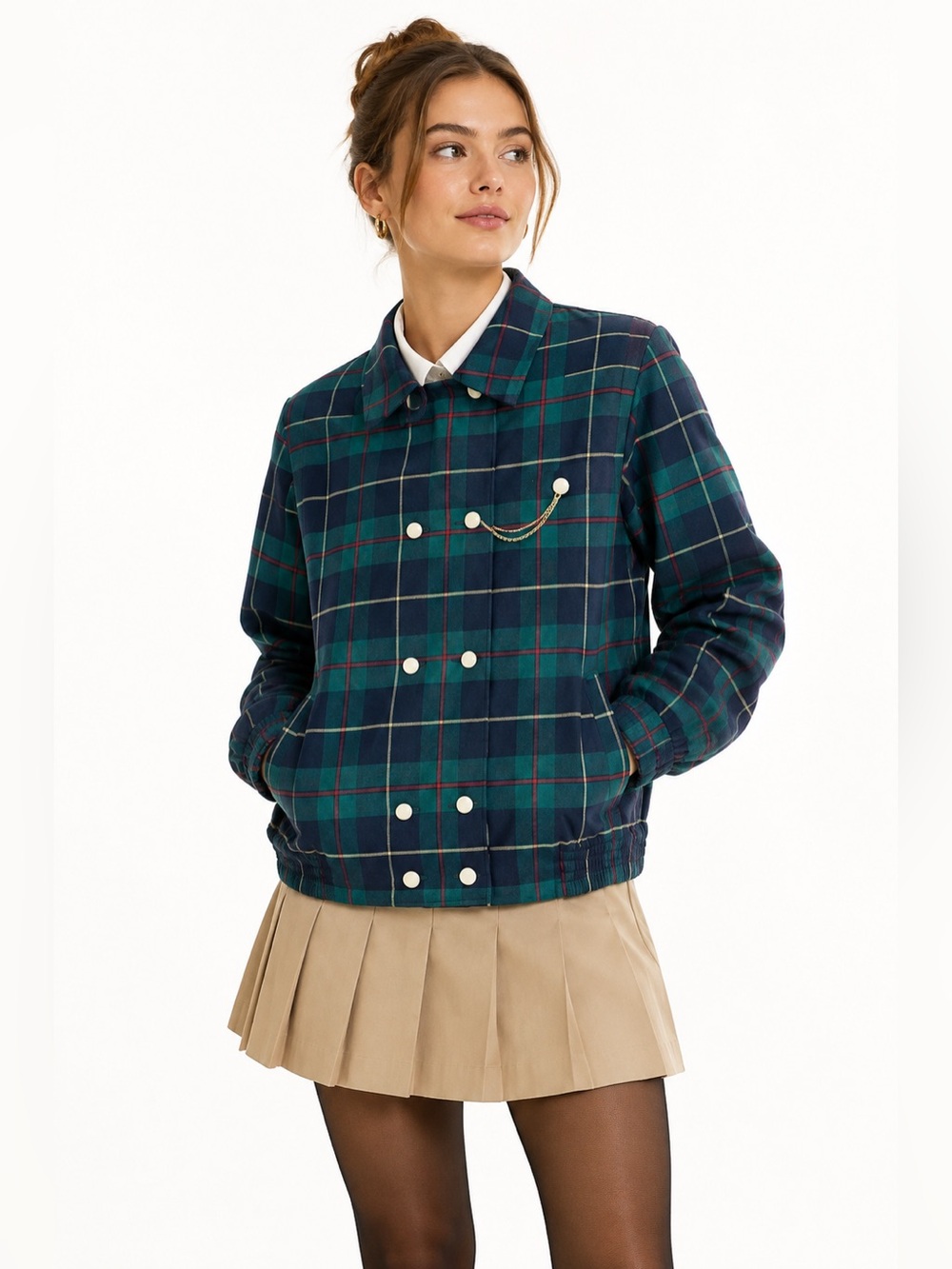 Vintage Tartan Plaid Double Breasted Jacket Old Money Equestrian Preppy Boxy